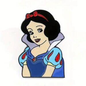 Elegant enamel pin of Snow White. Features blue dress and red bow.